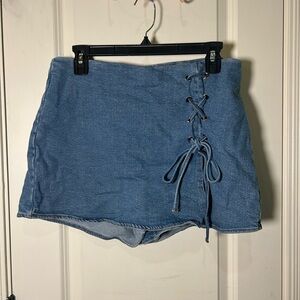 Blue Denim Mini Skirt with Lace-Up Detail